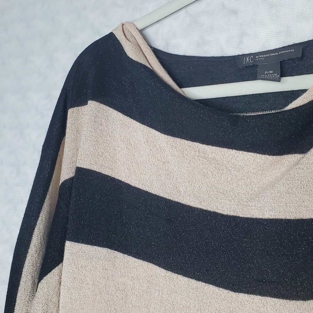 INC Black and Gold Metallic Striped Shimmer Sparkly Top Women's Petite Medium - Picture 2 of 4